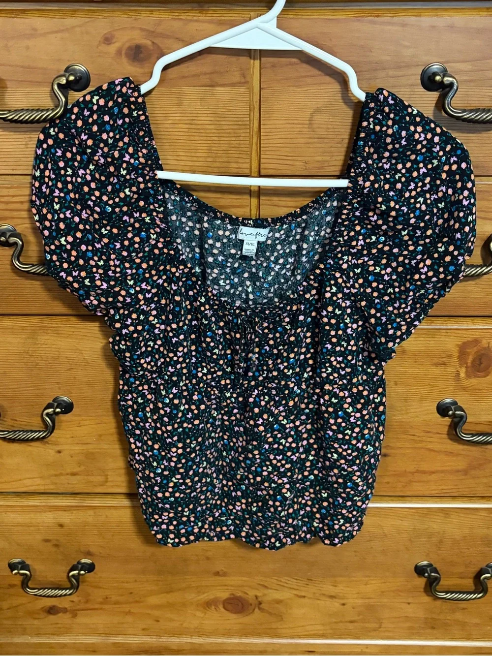 love, Fire Black Floral Puff Sleeve Crop Top & Skirt with Pink & Orange Dots